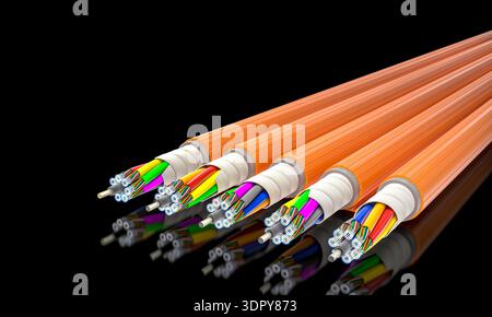 3d Fiber optic cables on black Stock Photo