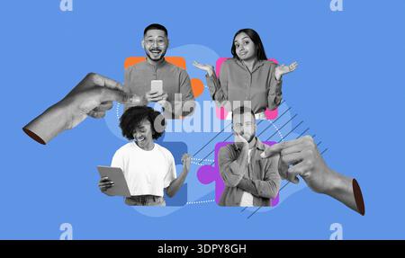 Collage Showing Four People in Various Activities With Hands Pointing and Connecting Elements Stock Photo
