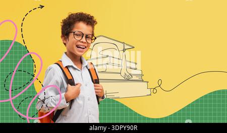 Happy Schoolboy Smiles With Backpack on Sunny Yellow Backdrop at School Stock Photo