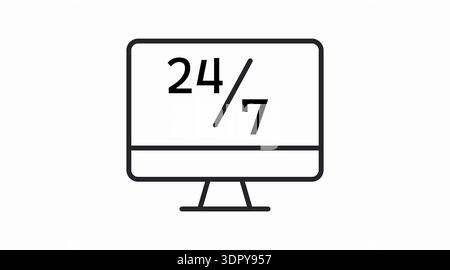 Black and White 24/7 Computer Icon – Minimalist Online Support and Service Availability Vector Stock Vector