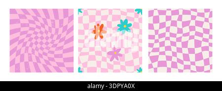Groovy checkerboard, daisy, flower print set.  Stock Vector