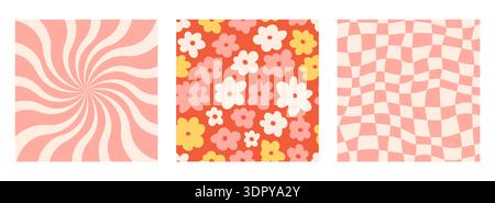 Groovy checkerboard, daisy, flower print set.  Stock Vector