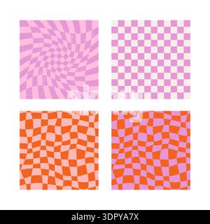 Groovy hippie checkerboard waves pattern set Stock Vector