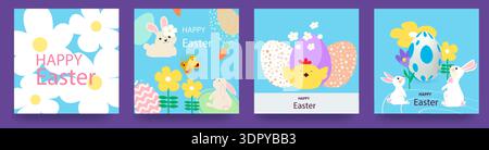 A set of Easter cards, website banners, posters, flyers, and covers. A trendy, modern design featuring cute bunnies, hand-drawn flowers, and Easter eg Stock Vector
