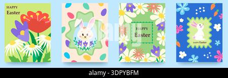 A set of Easter cards, website banners, posters, flyers, and covers. A trendy, modern design featuring cute bunnies, hand-drawn flowers, and Easter eg Stock Vector