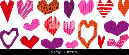 Cutout paper hearts. Abstract heart with doodle scribbles and textures. Love romantic elements collage style, bright scrapbook stickers, neoteric Stock Vector
