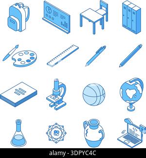 Isometric education icons. School lessons elements, university college or research. Basketball ball, globe, stationery, chemistry glass, book, nifty Stock Vector