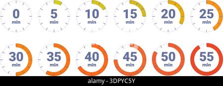 Chronometer icons. Simple timers with dial, hours minutes counter. Measurement for work process, sport, cooking, reading. Deadline countdown, sapid Stock Vector