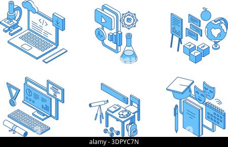 Isometric online education. Scientific workshops, training for children and adults. Digital research and university, home studying concept, nifty Stock Vector