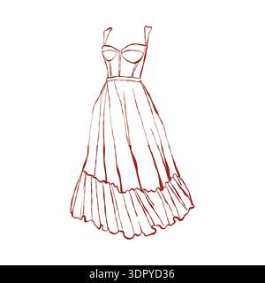 Illustration of a vintage dress on a hanger in red. Outline clipart of long retro dress in doodle style. Vector illustration. Summer wedding accessories in the Rococo and Baroque styles Stock Vector
