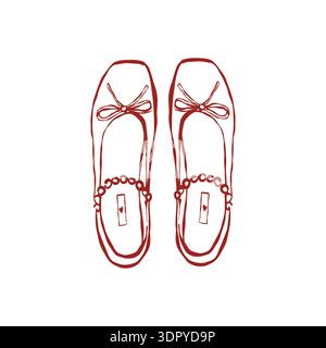 Vintage flat ballet shoes with pearls and bows. Fashionable retro bridal shoes in sketch style. Vector linear illustration in red. Pair of wedding shoes. Wedding accessories and jewelry. Stock Vector