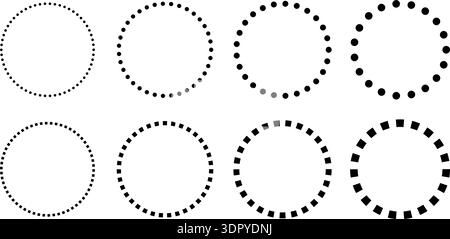 Round frame with broken line pattern and decorative dots. Clean circular border design ideal for badges, stickers, and contemporary graphic projects with geometric style. Stock Vector