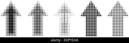 Directional arrow set with halftone patterns and gradient dots. Vector icons for navigation, featuring circular gradation effects and dynamic graphic elements. Stock Vector