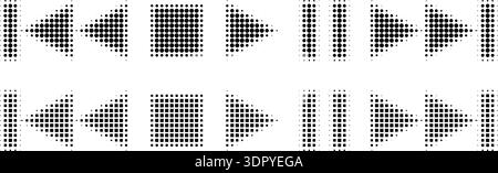Media player icons with halftone gradient dots. Play, pause, stop buttons in retro style. Control symbols for video and audio interface design on white background. Stock Vector