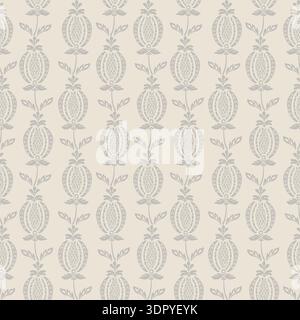 Neutral hand-drawn pomegranates block print look seamless vector pattern background. Vintage style backdrop in geometric vertical layout with , leaves Stock Vector