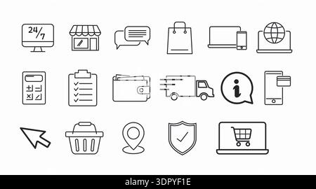 Black and White E‑Commerce Icon Set – Minimalist Vector Pack for Online Stores, Retail, and UI Design Stock Vector