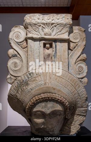 Lemesos, Cyprus a Hathoric capital, a type of ancient column capital featuring the face of the Egyptian goddess Hathor. Stock Photo