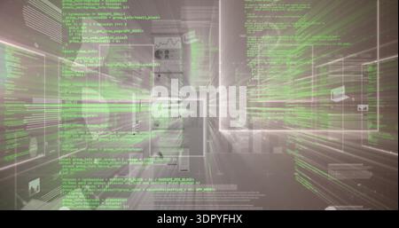 Displaying green monospaced code blocks and translucent panels in virtual space, radial blur Stock Photo