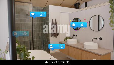 Showing floating double-sink vanity with two round mirrors and vessel sinks in bathroom, AR bubbles Stock Photo