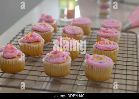 Vanilla cupcakes are cooling on metal rack on beige countertop with pink frosting and sprinkles Stock Photo