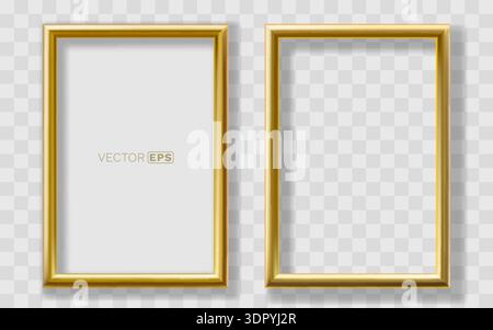 Realistic Golden Frames with Shadow on Transparent Background. Elegant Blank Mockup. Vector illustration Stock Vector