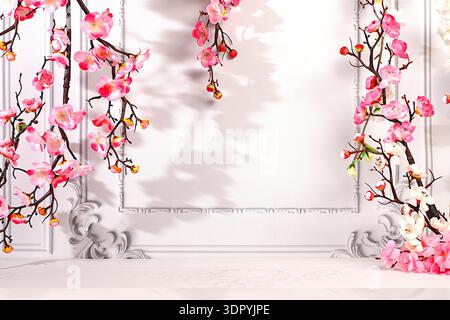 Elegant sunny colorful banner, background with pink sakura flowers for design. Empty beautiful spring podium and template for your creativity, product Stock Photo