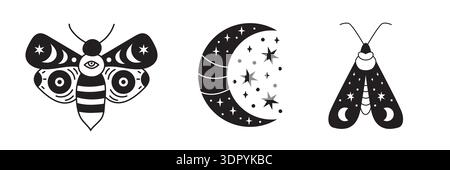 Celestial moon and moth with mystic stars and boho symbols. Vector outline drawing perfect for esoteric tattoos, witchy stickers, or magical moon-themed logos and designs. Vector illustration Stock Vector