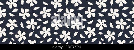 Seamless floral pattern with bold black flower silhouettes on a white background. Stylish botanical design for fabric, wallpaper, wrapping paper, and modern creative projects. Vector illustration Stock Vector