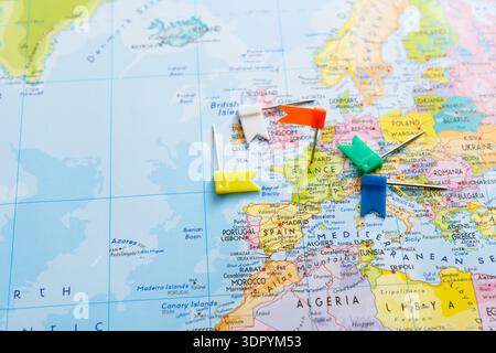 Map With Pushpins Showing Various Locations in Europe Including France and Spain Stock Photo