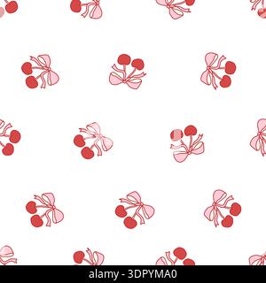 Coquette seamless pattern with red cherries tied with pink bows on white background. Cute and girly aesthetic for fabric, wrapping paper, stationery, digital design, and romantic projects. Vector art Stock Vector