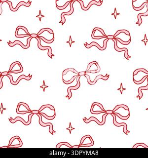 Seamless pattern with hand-drawn red bows and stars on a white background. Cute and girly coquette style, perfect for fabric, packaging, wrapping paper, digital paper, stationery. Vector illustration Stock Vector