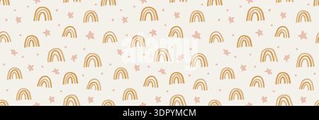Boho rainbow pattern with pastel colors creates a seamless nursery background. Cute Scandinavian design features whimsical shapes, perfect for kids wallpaper and rainbow decor. Stock Vector