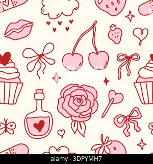 Seamless coquette doodle pattern with cherries, bows, roses, lips, cupcakes, and hearts. Romantic pink and red aesthetic, ideal for digital paper, wrapping, fashion, and girly branding. Stock Vector