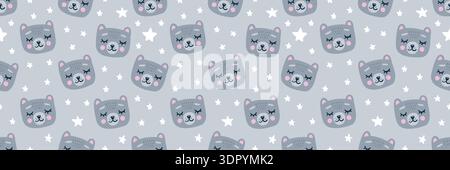 Adorable bear face seamless pattern with cute sleep teddy characters and stars background. Perfect for baby nursery textiles, kids pajamas, and childish wallpaper designs. Vector illustration Stock Vector