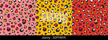 Seamless leopard pattern with bright pink yellow and red spots set. Cute animal print design perfect for trendy fashion textiles and girly party decorations. Stock Vector