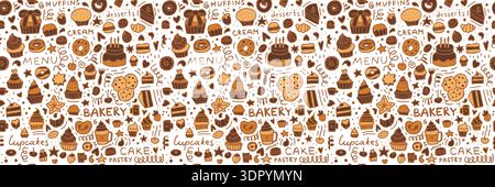 Seamless bakery pattern with hand-drawn desserts, cupcakes, cookies, donuts, cakes and pastry elements. Cute doodle sweet food background for menu design, packaging, wrapping and cafe branding. Stock Vector