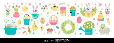 Cute Easter set featuring cartoon bunnies, chicks, decorated eggs, and baskets. Charming animal characters with spring flowers create delightful holiday vector illustrations. Stock Vector