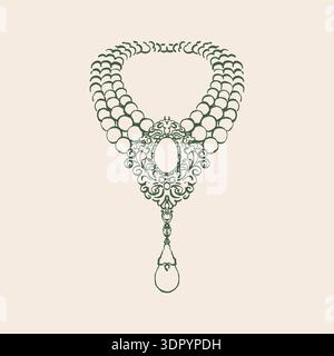 Vintage womens pearl necklace. Retro illustration of an antique neck ornament in the Rococo and Baroque styles. Vintage accessories. Green vector outline drawing. Stock Vector
