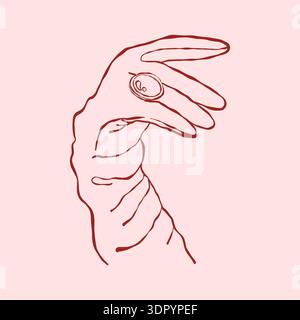 A womans hand in a vintage glove with an antique ring. Vintage feminine illustration. Retro accessories. Red vector outline clipart. Stock Vector