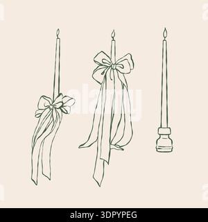 Hand drawn vintage elegant candles with outline bows in green color. Set of vector outline illustrations in retro sketch style, Parisian style.  Stock Vector