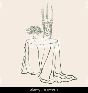 Romantic dinner.Table with flowers, candelabra, and candles. Illustration for Valentines Day, weddings, or birthdays. Green vector outline illustration on a beige background. Stock Vector