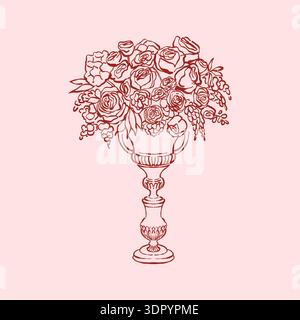 Vector illustration of a flower bouquet in a vase for banquet table decor. Wedding bouquet in linear style. Vintage wedding decor and accessories in red color. Vector outline clipart in sketch style. Stock Vector