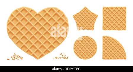 Waffle round biscuit for belgian ice cream, wafer texture vector icon. Illustration of square stroopwafel and star belgium pattern, food background Stock Vector