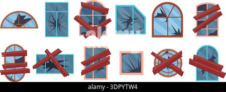 Cartoon broken windows. Abandoned house window with cracked glass and damage frame. Damaged building facade glazed with nailed wooden planks, nowaday Stock Vector