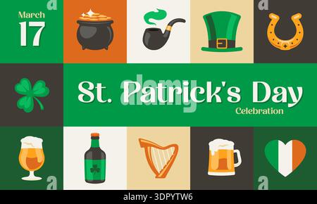 St. Patrick's Day celebration poster template with traditional Irish symbols including beer mugs, shamrock, leprechaun hat, harp, and pot of gold in flat design style. Vector graphics. Stock Vector