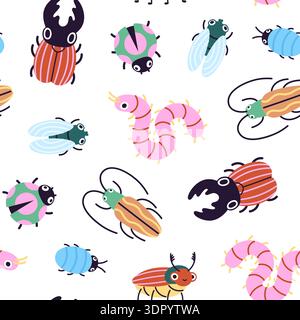 Doodle insects seamless pattern. Forest dwellers, insect cartoon funny characters. Print for fabric, textile, wallpaper, wrapping, children racy Stock Vector