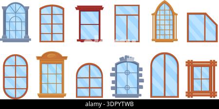 Cartoon wooden window frames. Facade glazing for house, apartment building, office. Modern vintage windows, plastic and wood architecture design Stock Vector