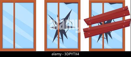 Cartoon whole and broken window. Windows in wooden frame with cracked glass and nailed planks. Isolated building facade glazed elements, nowaday Stock Vector
