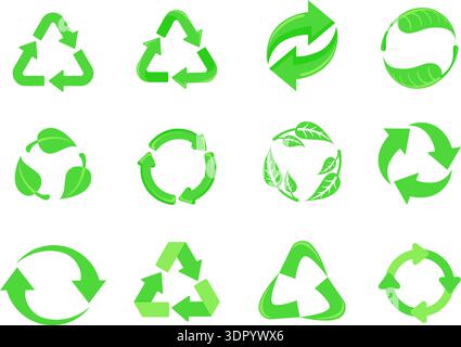 Recycling arrows symbols. Reduce, reuse recycle arrow icons eco green leaf nature logo sustainability energy earth environment ecology cycle concept, set neat vector illustration original artwork Stock Vector