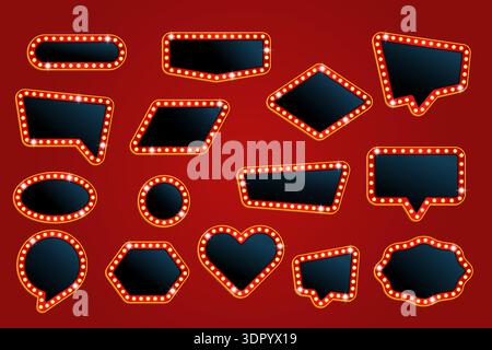 Bulb signage frames. Marquee empty signboard frame, retro sign board light bulbs lamps different frames vintage carnival festival circus fair banners set kicky vector illustration original artwork Stock Vector